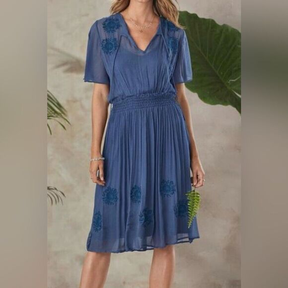 Sundance Led By Dreams Dress Blue Embroidered Floral Sheer XL Boho Old Money - Picture 1 of 12